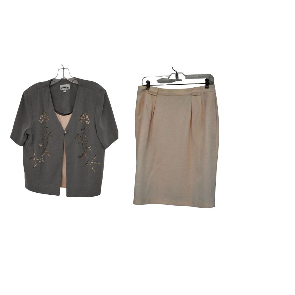 Vintage 80's Pink Gray Skirt Set Short Sleeve Jacket SZ 12P Pencil Skirt SZ 14P